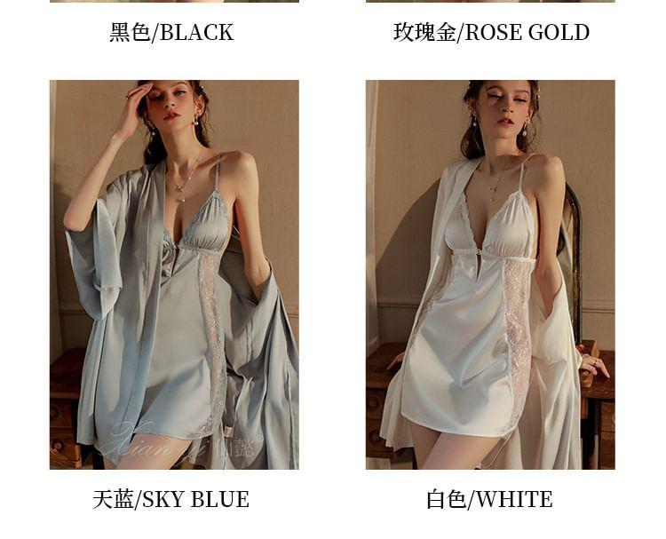 Front Closure Lace Panel Slip Dress / Thong / Robe / Sash / Set Product Image