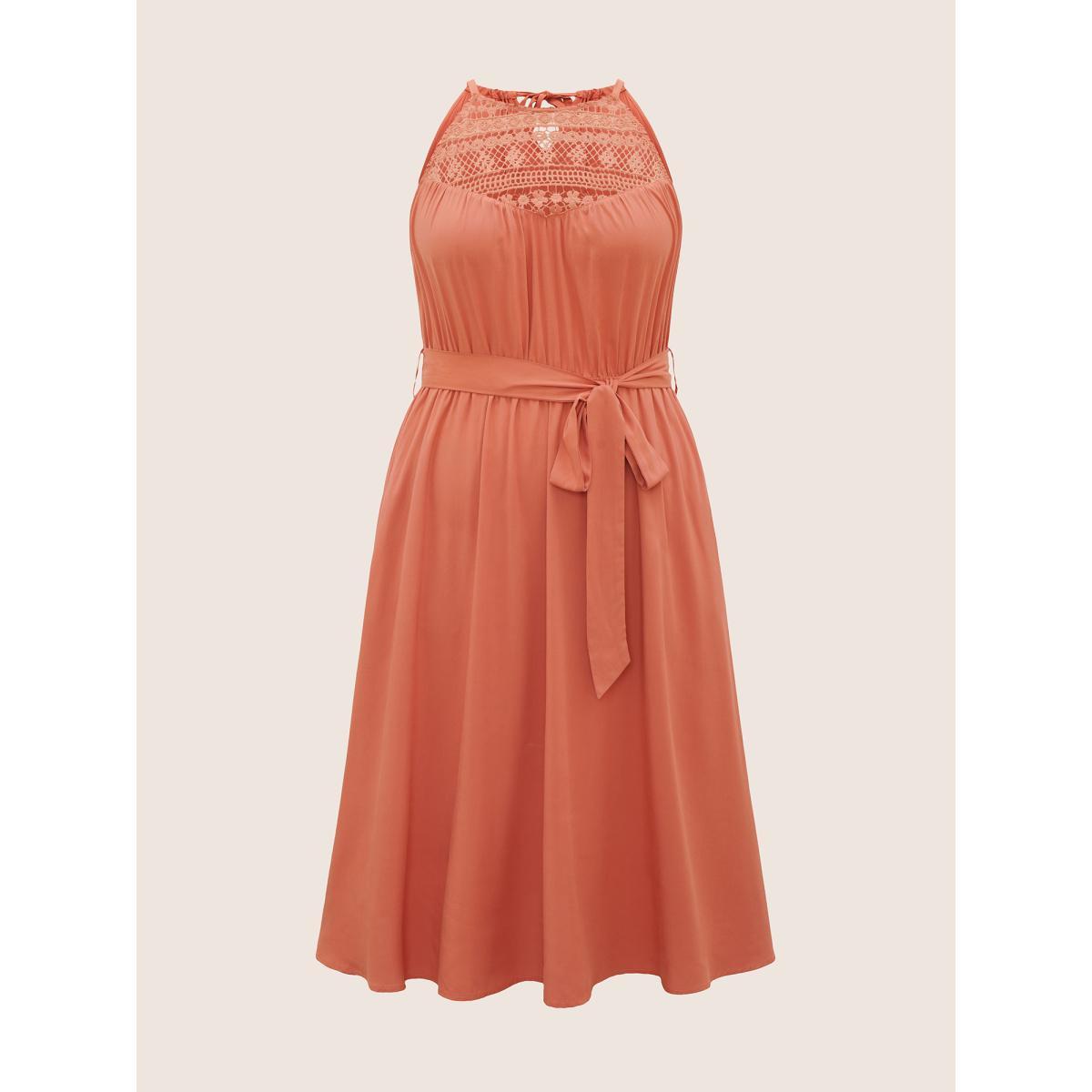 Plus Size Supersoft Essentials Halter Lace Panel Belted Dress Rust Women Elegant Non Halter neck Sleeveless Curvy Midi Dress BloomChic 14-16/1X Product Image