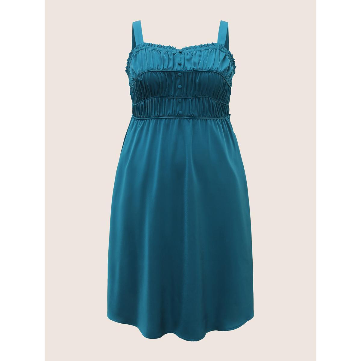 Plus Size Satin Solid Gathered Button Detail Cami Dress Aegean Women Elegant Non Non Sleeveless Curvy Midi Dress BloomChic 10/M Product Image