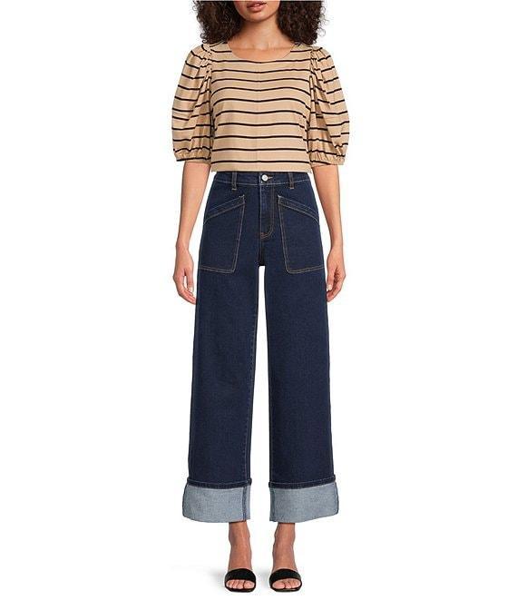 Gibson & Latimer Stripe Print Knit Crew Neck 3/4 Puff Sleeve Tee Shirt Product Image