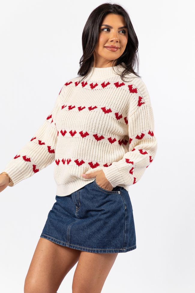 Familiar Feelings Cream and Red Heart Print Mock Neck Sweater SALE Product Image