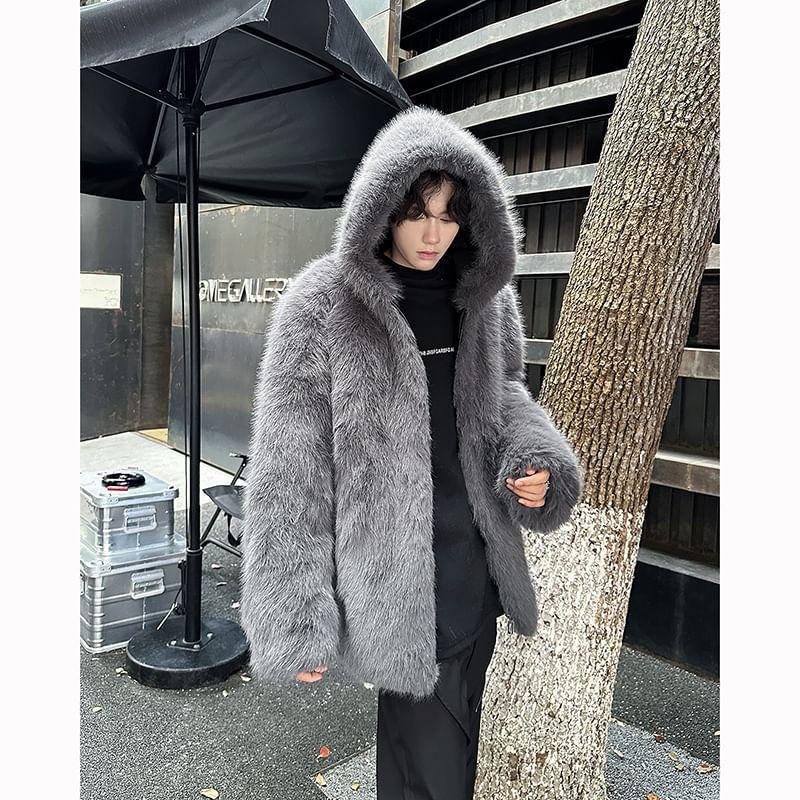Plain Hooded Fluffy Coat Product Image