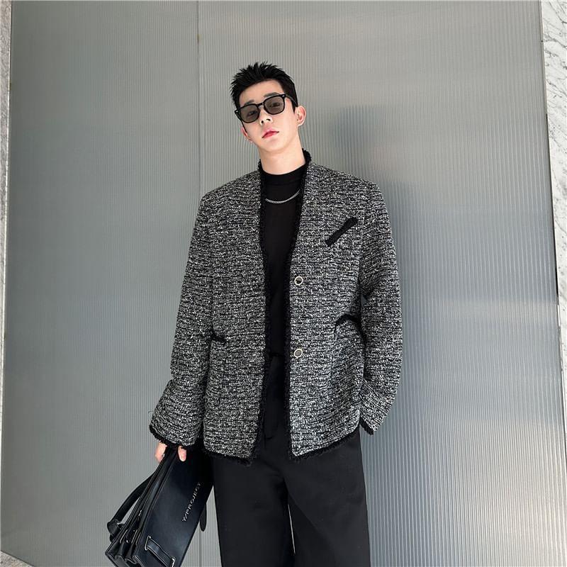 Collarless Tweed Frayed Hem Button Blazer Product Image