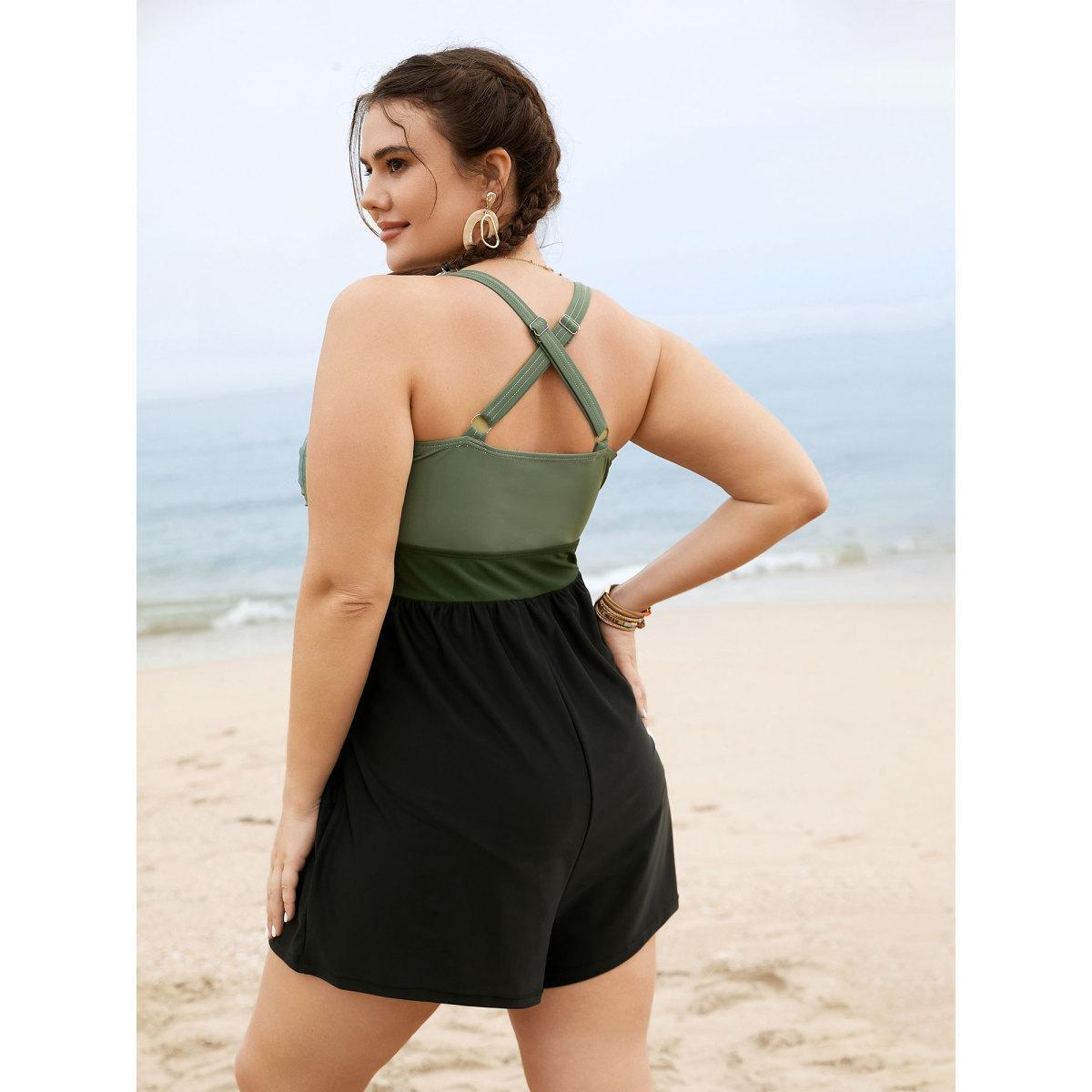 Plus Size Patchwork Contrast Crossover One Piece Swimsuit Women's Swimwear ArmyGreen Beach Twist Curve Bathing Suits High stretch One Pieces BloomChic 22-24/3X Product Image