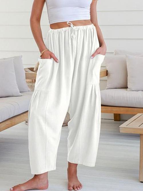 Column Loose Elasticity Pockets Solid Color Casual Pants Bottoms Trousers Product Image