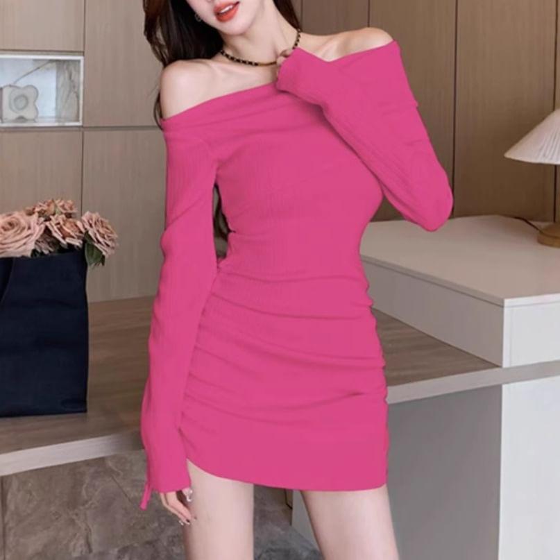 Long-Sleeve Off-Shoulder Plain Drawstring Ruched Mini Bodycon Dress Product Image