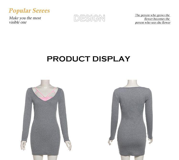 Long-Sleeve Two Tone Mock Two-Piece Mini Sheath Dress Product Image