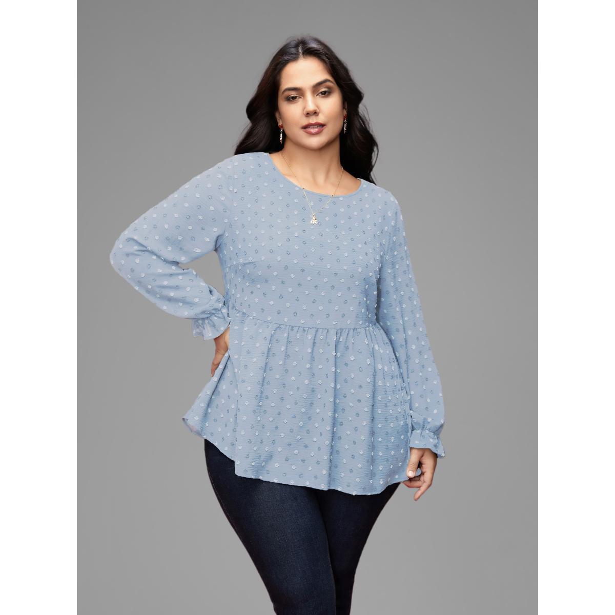 Plus Size LightBlue Textured Dot Elastic Cuffs A-line Blouse Women Casual Long Sleeve Round Neck Everyday Blouses BloomChic 28/5X Product Image