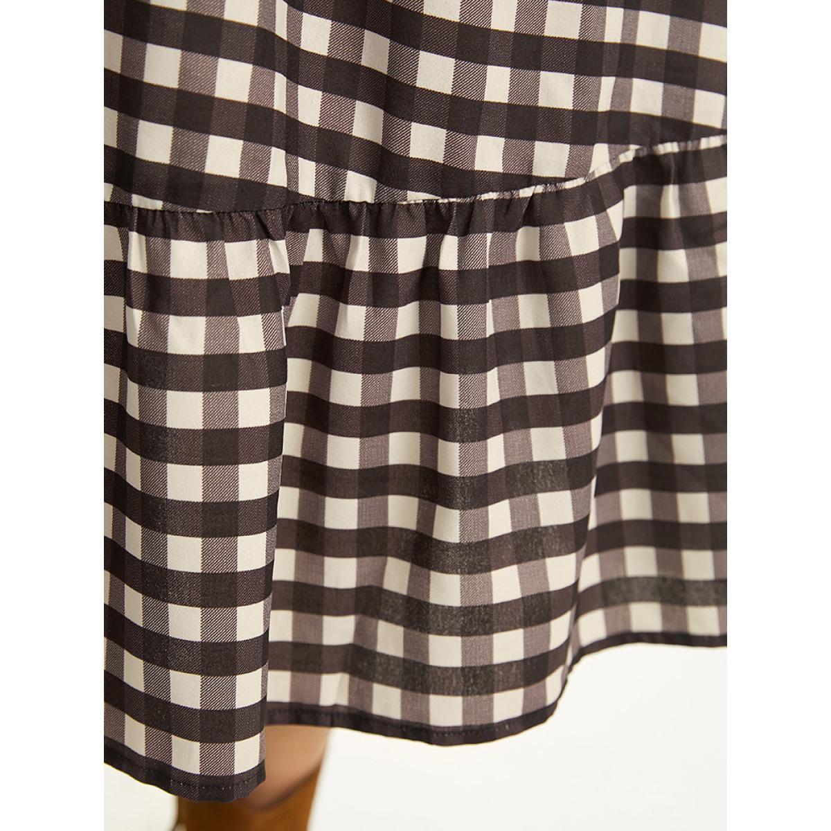 Plus Size Gingham Pocket Elastic Waist Ruffle Hem Dress DarkBrown Women Casual Printed V-neck Long Sleeve Curvy Midi Dress BloomChic 10/M Product Image