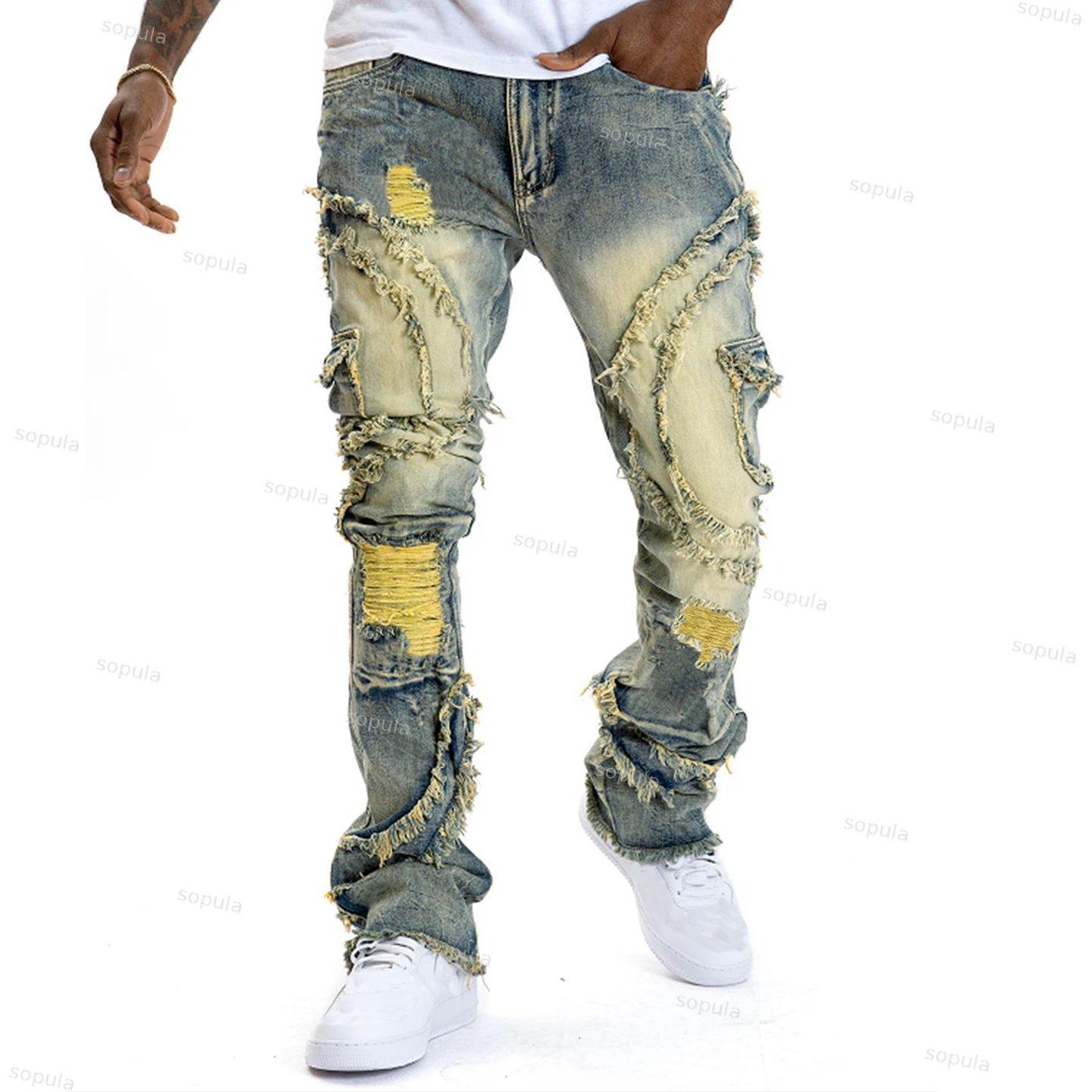 Men's Ripped Flared Fringe Stretch Jeans Product Image