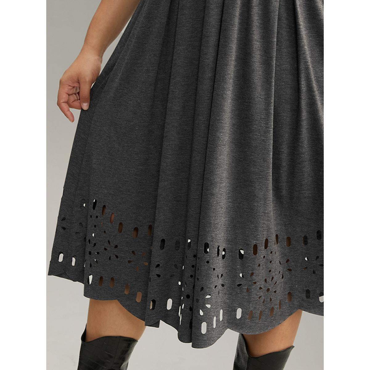Plus Size Plain Elastic Waist Laser Cut Crew Neck Dress Gray Women Casual Plain Round Neck Elbow-length sleeve Curvy Midi Dress BloomChic 10/M Product Image