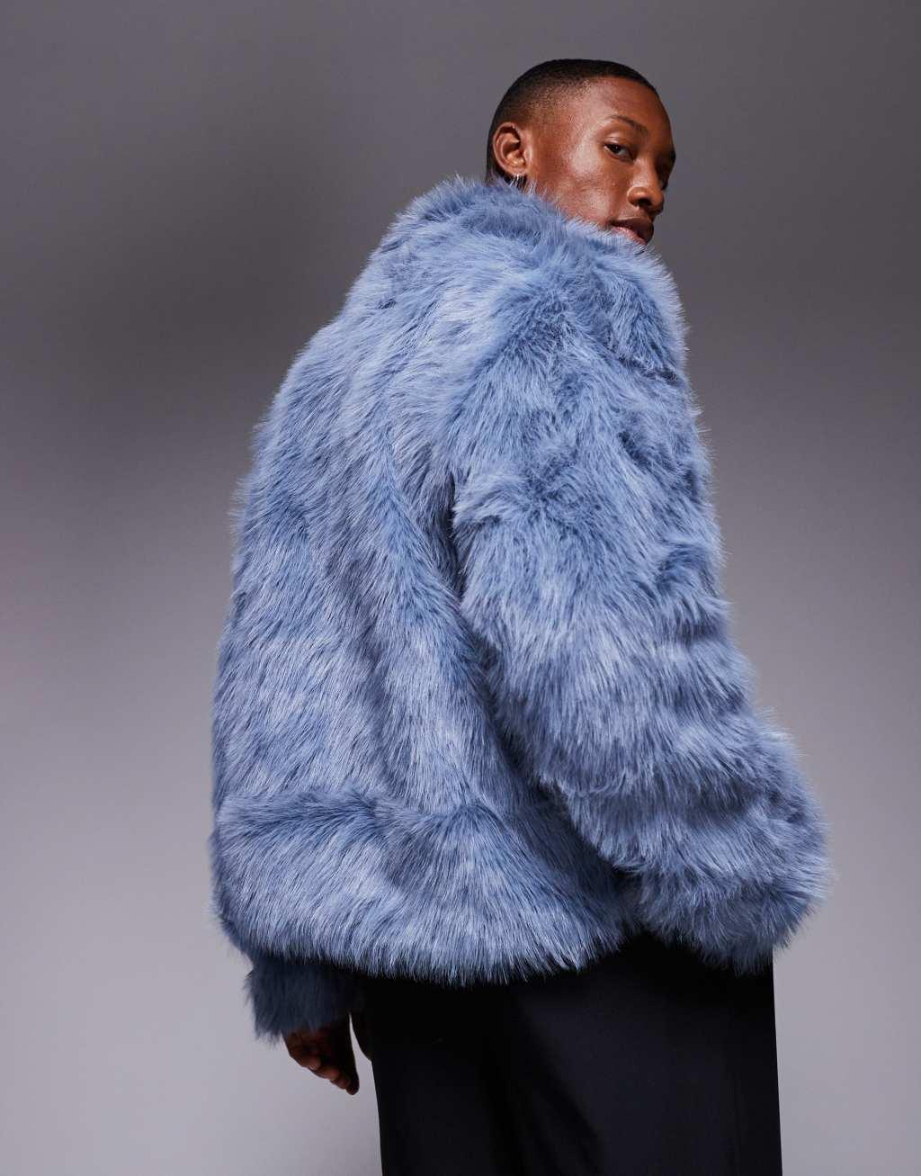 ASOS DESIGN faux fur harrington jacket in blue Product Image