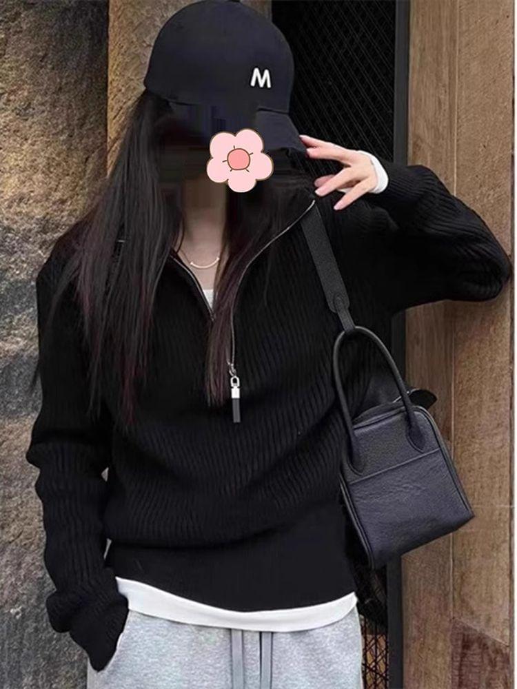 Turtleneck Plain Half Zip Ribbed Knit Sweater Product Image