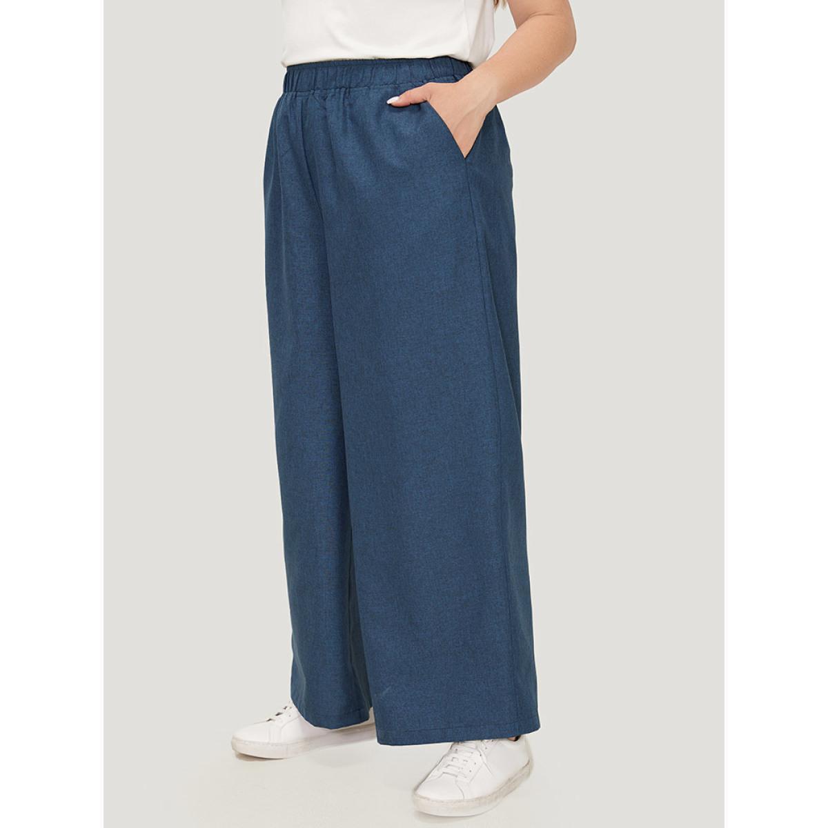 Plus Size Solid Button Detail Wide Leg Pants Women Black Workwear Essentials Wide Leg High Rise Work Pants BloomChic 28/5X Product Image