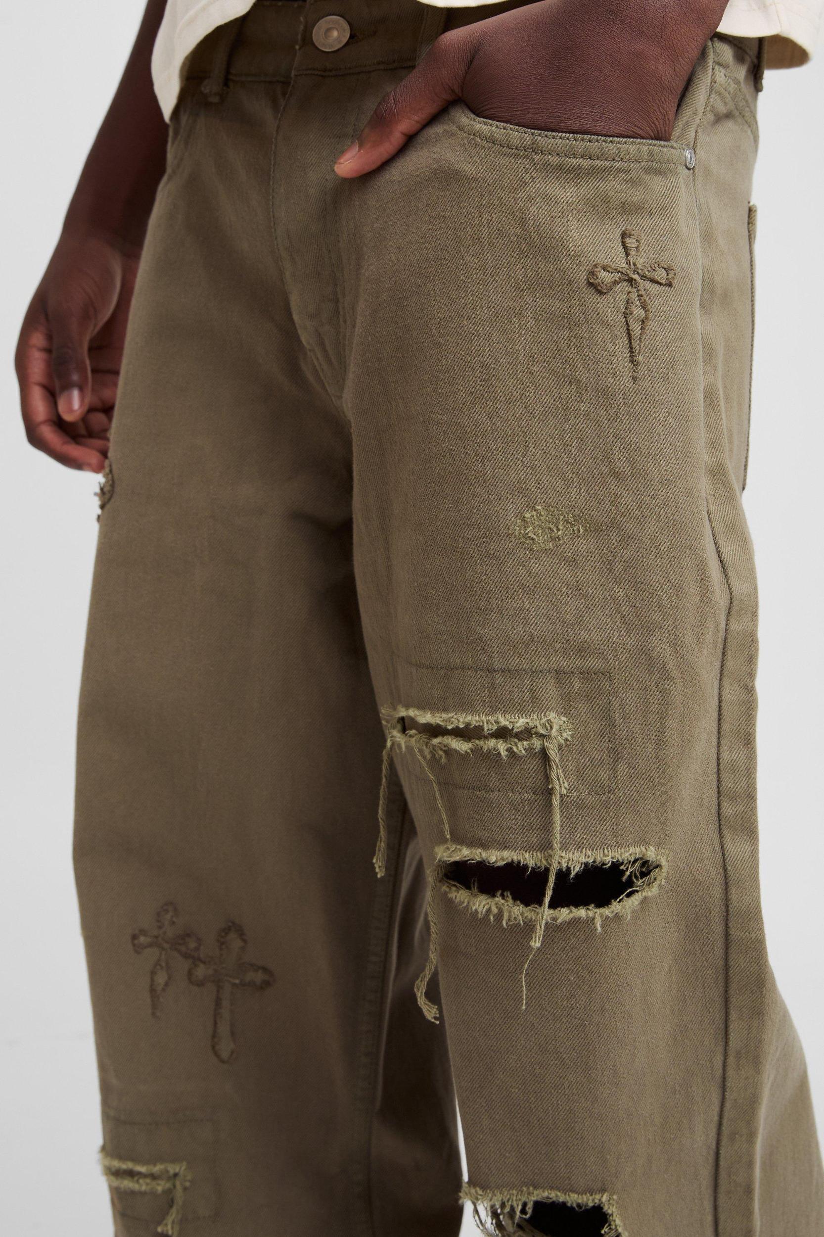 Relaxed Rigid Cross Applique Denim Jeans | boohooMAN USA Product Image