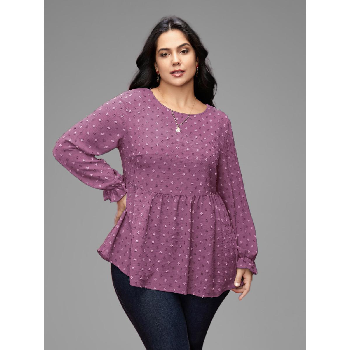 Plus Size Lilac Textured Dot Elastic Cuffs A-line Blouse Women Casual Long Sleeve Round Neck Everyday Blouses BloomChic 10/M Product Image