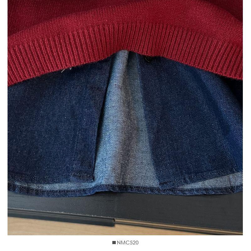 Set: Bow-Print Knit Vest + Denim Shirt Product Image