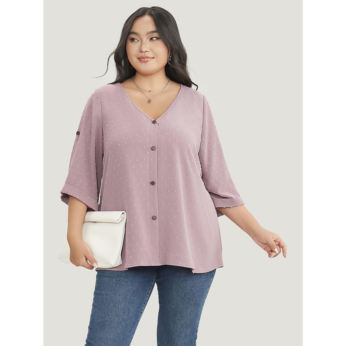 Plus Size Mauve Polka Dot V Neck Button Detail Cuffed Sleeve Blouse Women Office Elbow-length sleeve V-neck Work Blouses BloomChic 22-24/3X Product Image