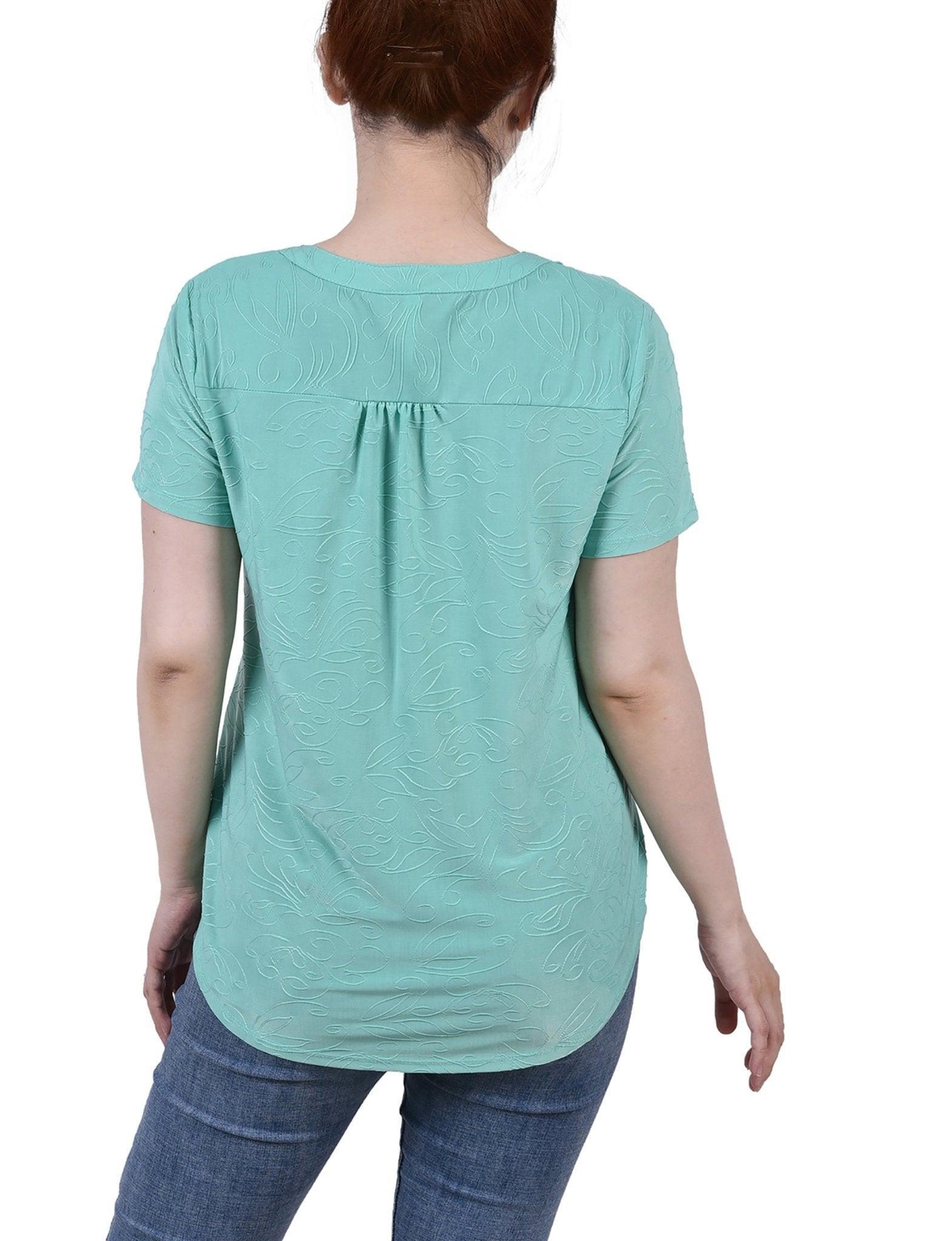 Bermuda Short Sleeve Y Neck Jacquard Knit Top - Petite Product Image