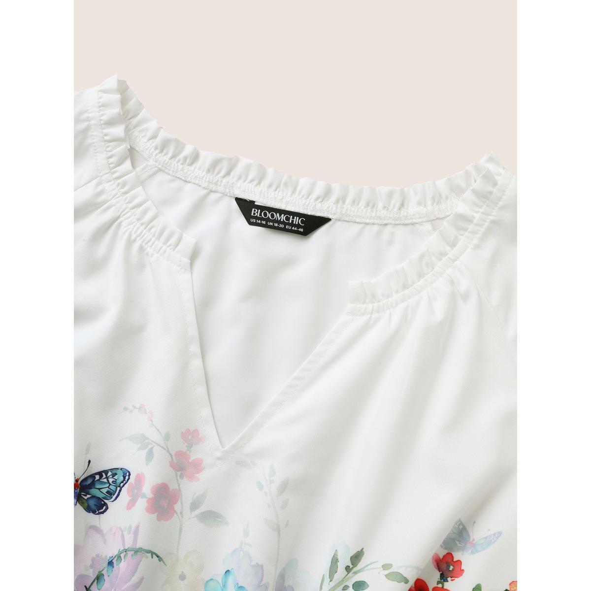 Plus Size Multicolor Floral Flat Collar With V Notch Frill Trim Blouse Women Elegant Short sleeve Flat collar with V-notch Everyday Blouses BloomChic 12/L Product Image