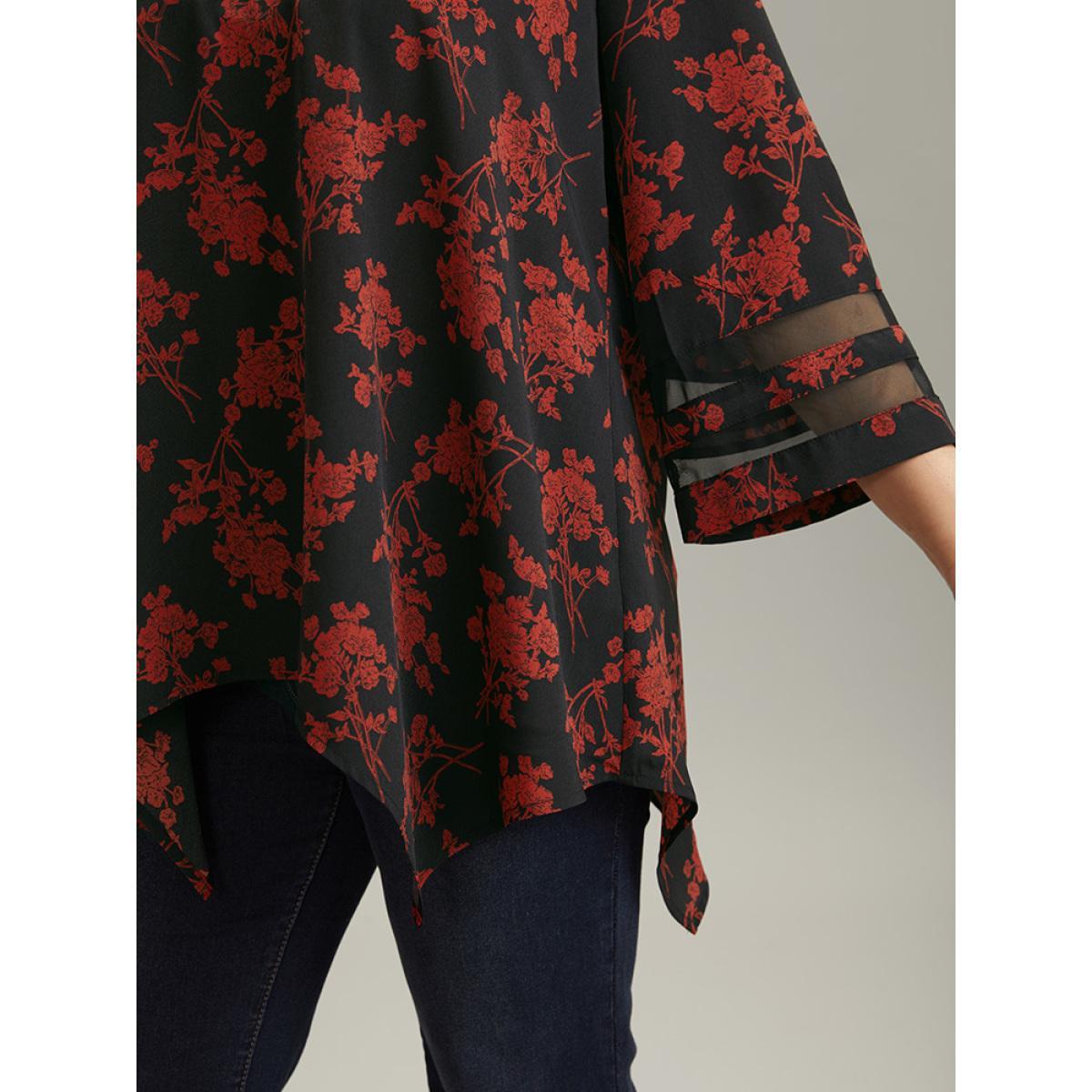 Plus Size Red Silhouette Floral Print Patchwork Mesh Hanky Hem Blouse Women Elegant Elbow-length sleeve V-neck Everyday Blouses BloomChic 18-20/2X Product Image