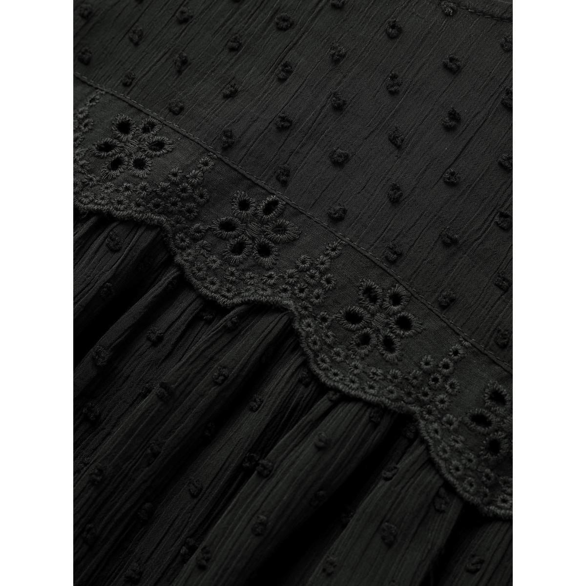 Plus Size Black Solid Texture Lace Trim See Through Gathered Blouse Women Elegant Short sleeve Round Neck Everyday Blouses BloomChic 30/6X Product Image