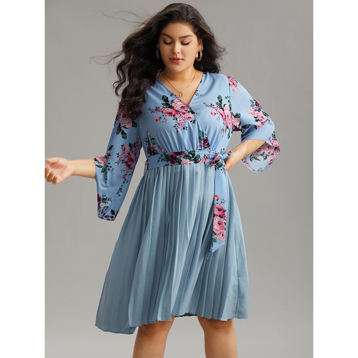 Plus Size Floral Print Bell Sleeve Belted Pleated Hem Dress LightBlue Women Elegant Wrap Overlap Collar Elbow-length sleeve Curvy Knee Dress BloomChic 26/4X Product Image