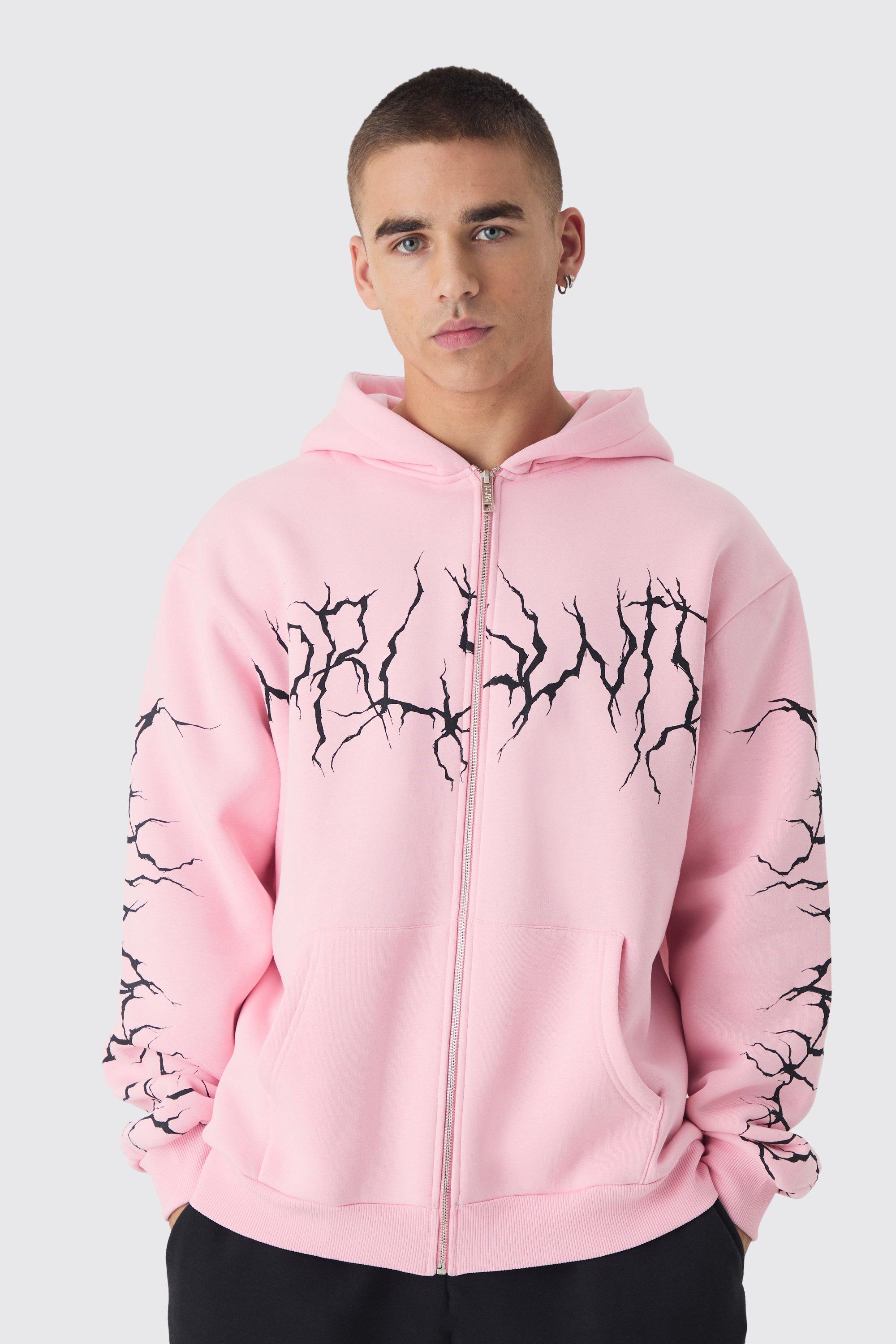 Mens Blue Oversized Graffiti Zip Through Hoodie, Blue Product Image