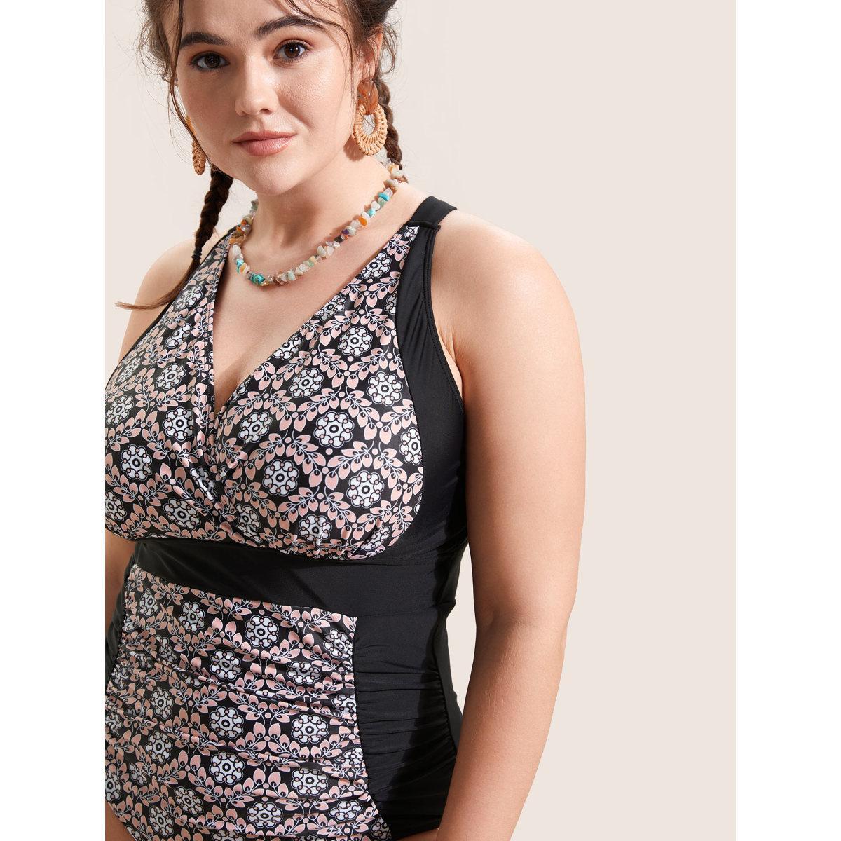 Plus Size Overlap Collar Boho Print Patchwork One Piece Swimsuit Women's Swimwear Black Beach Gathered Curve Bathing Suits High stretch One Pieces BloomChic 14-16/1X Product Image
