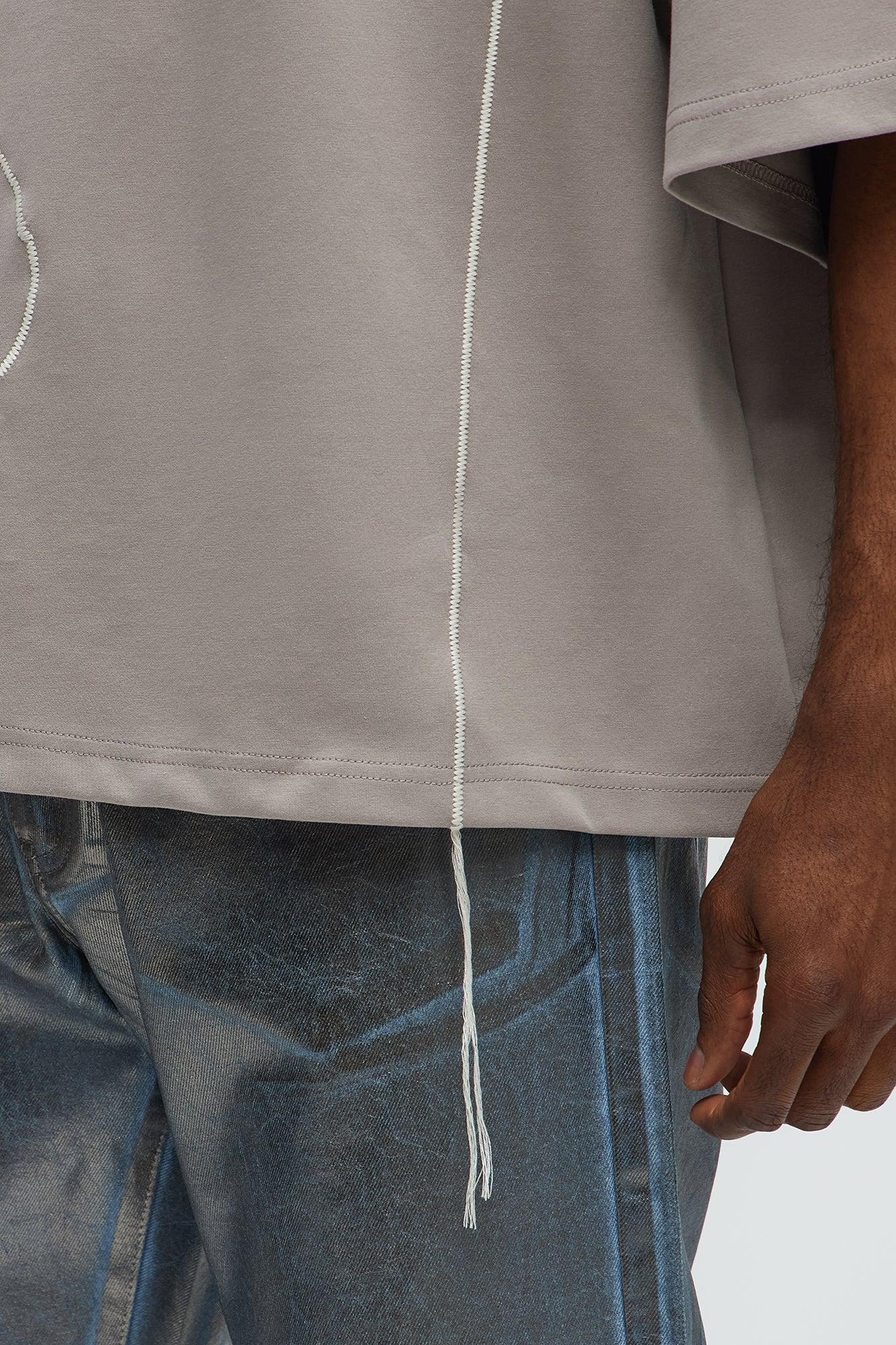 Vertical Wavy Contrast Stitch Boxy Cropped Tee - Taupe Product Image