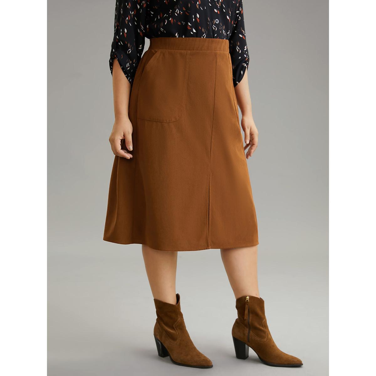 Plus Size Plain Texture Elastic Waist Pocket Split Front Skirt Women Tan Office Texture No stretch Pocket Work Skirts BloomChic 30/6X Product Image