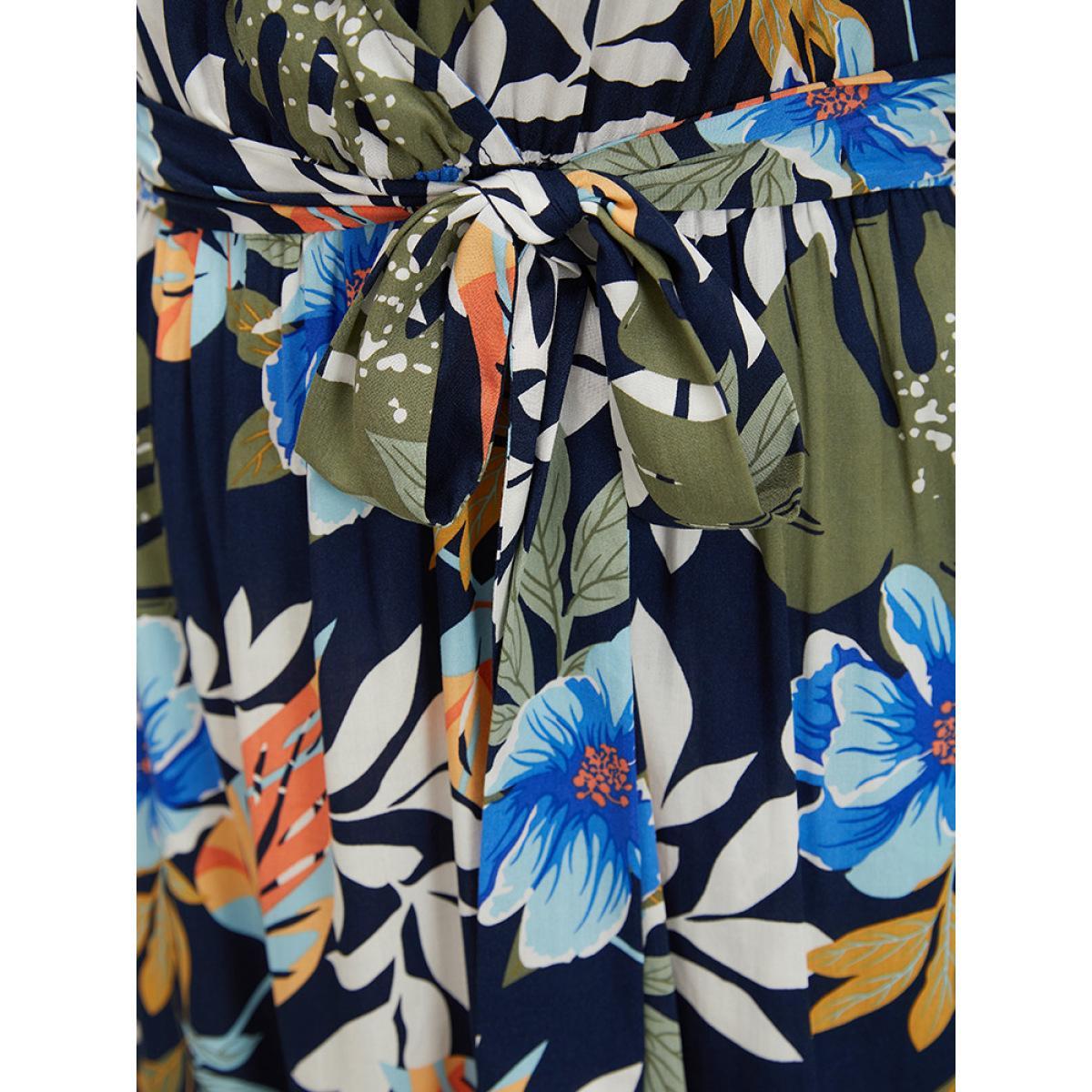 Plus Size Floral High Low Hem Pocket Ruffles Wrap Dress Indigo Women Elegant Wrap V-neck Short sleeve Curvy Midi Dress BloomChic 30/6X Product Image