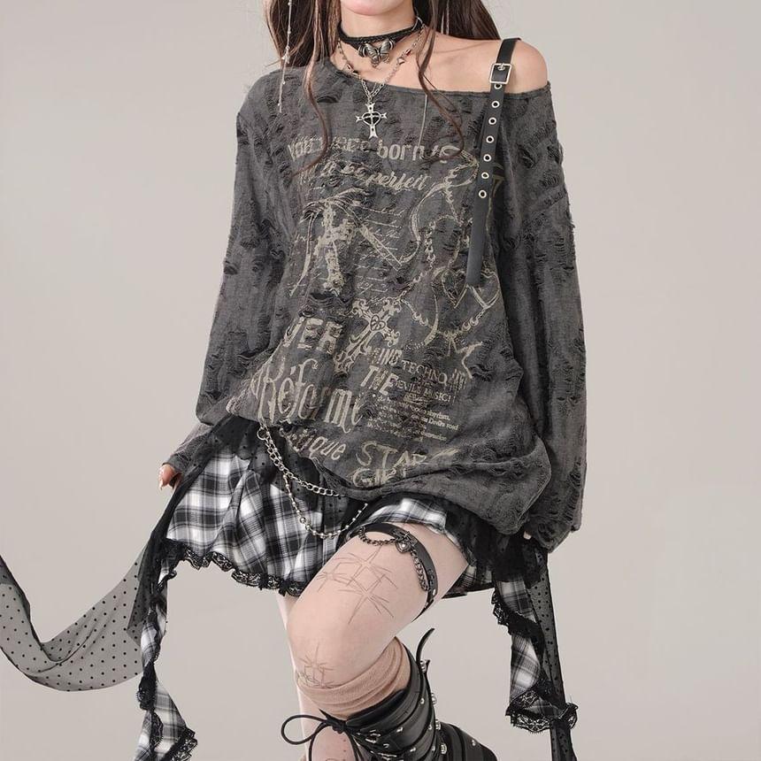 Long Sleeve Cold-Shoulder Lettering Print Distressed Loose-Fit Knit Top Product Image