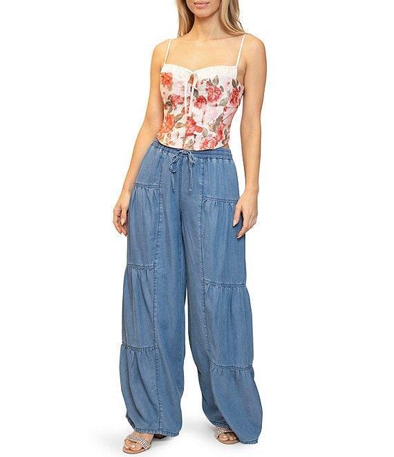 Stevie By Steve Madden Satin Floral Print Bustier Spaghetti Strap Top Product Image