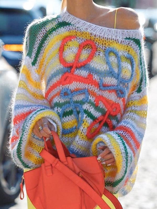 Rainbow Contrast Stripe Pullover Sweater Product Image
