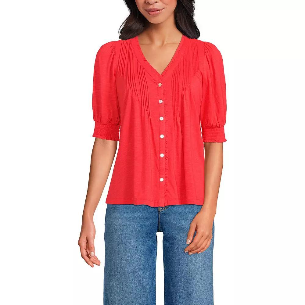 Women's Lands' End Button Pintuck Puff Sleeve Top, Size: Large, Bright Poppy Product Image