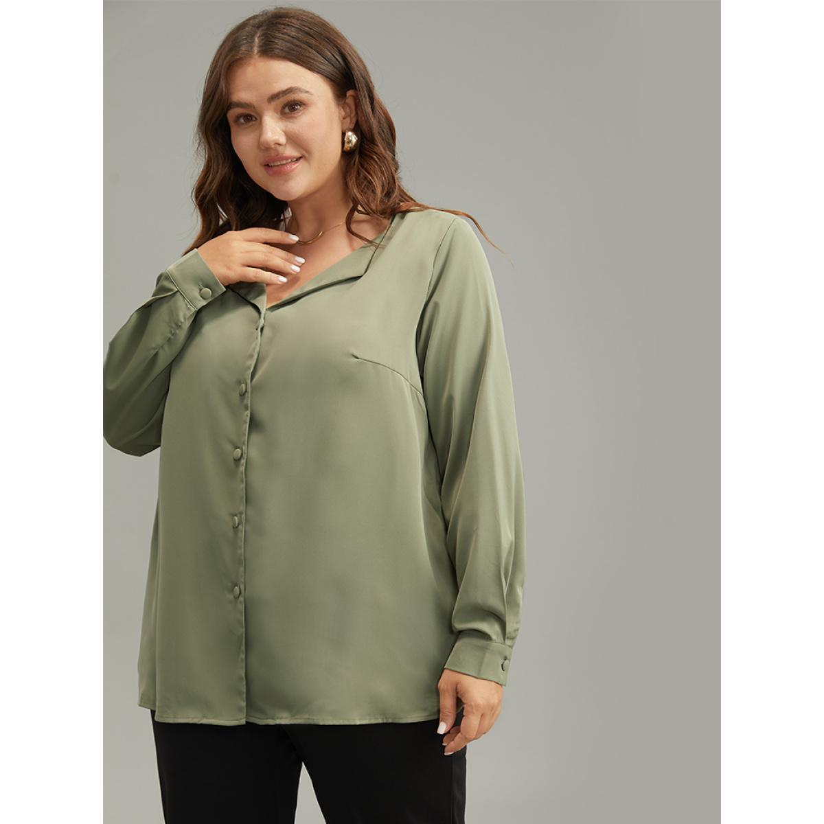 Plus Size ArmyGreen Lapel Collar Button Up Blouse Women Office Long Sleeve Lapel Collar Work Blouses BloomChic 28/5X Product Image