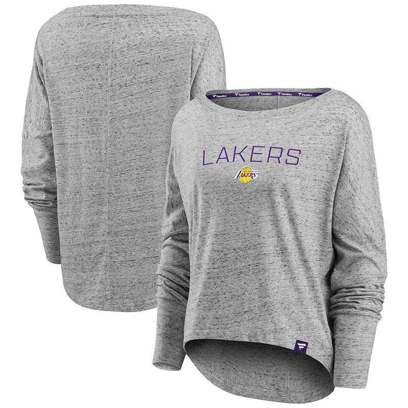 Women's Fanatics Branded Heathered Gray Los Angeles Lakers Nostalgia Off-The-Shoulder Long Sleeve T-Shirt, Size: Small, Grey Product Image