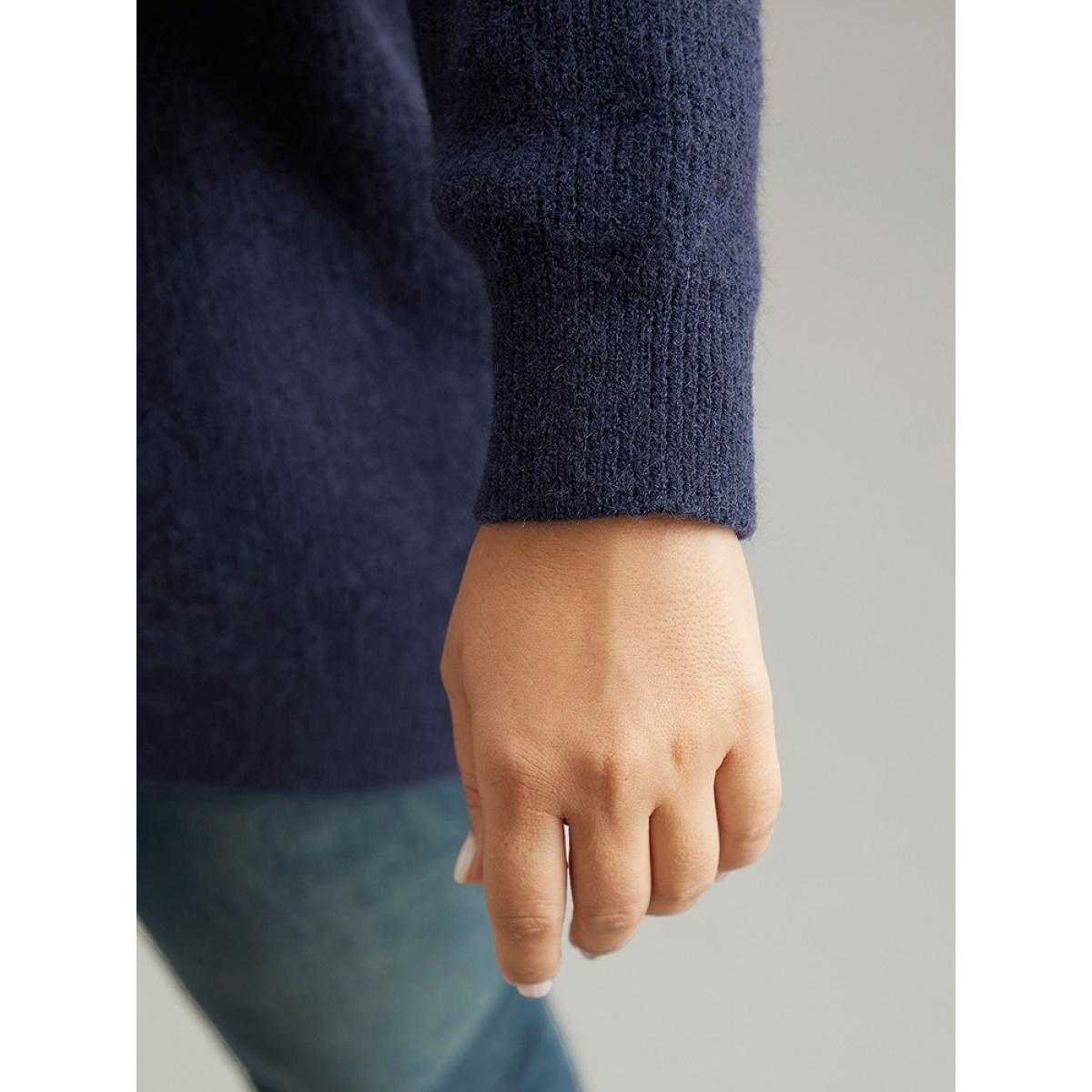 Plus Size Anti-Pilling Solid Cable Knit Button Detail Pullover Indigo Women Casual Loose Long Sleeve V-neck Dailywear Pullovers BloomChic 22-24/3X Product Image