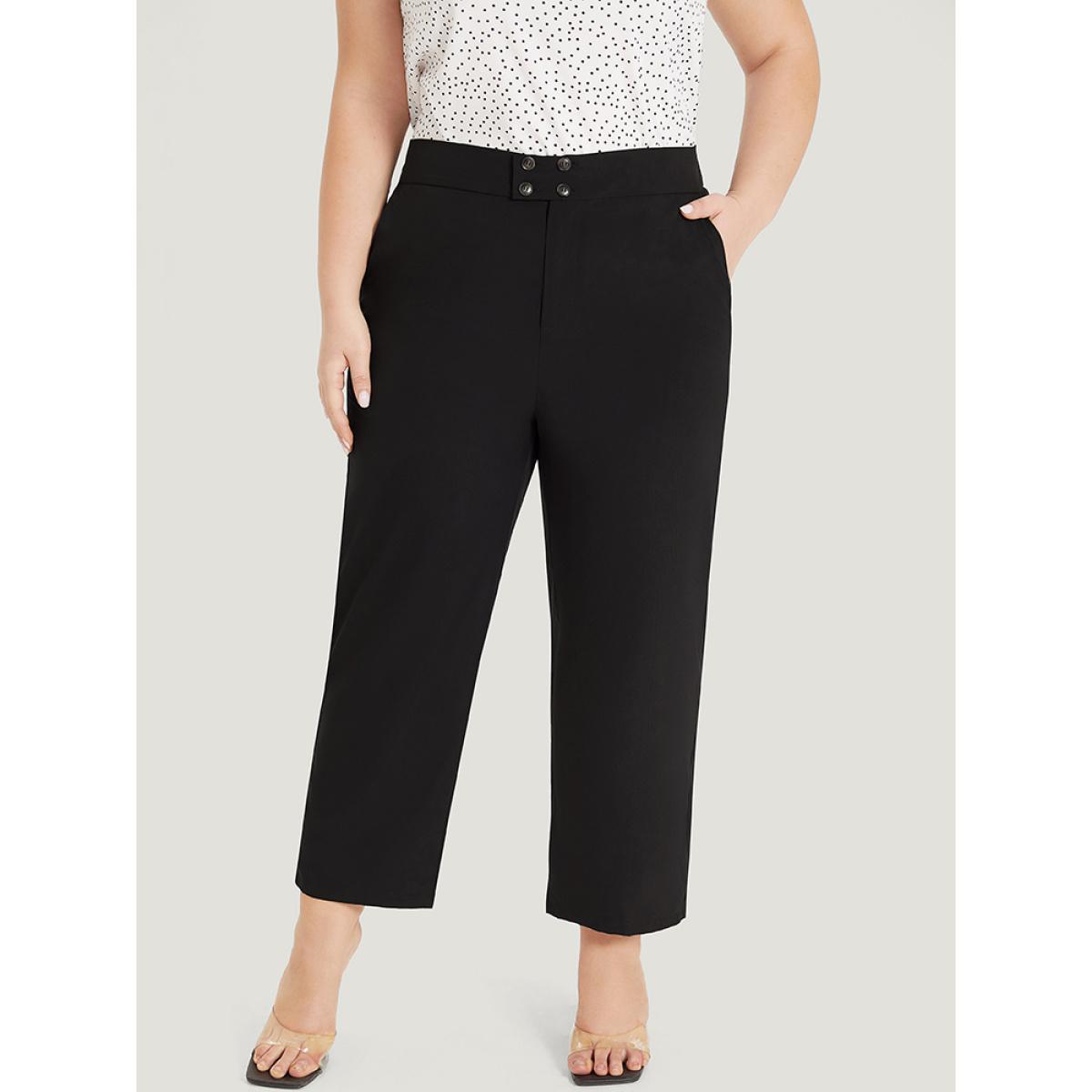 Plus Size Supersoft Essentials Solid Pocket Button Through Pants Women Black Elegant Straight Leg High Rise Dailywear Pants BloomChic 28/5X Product Image