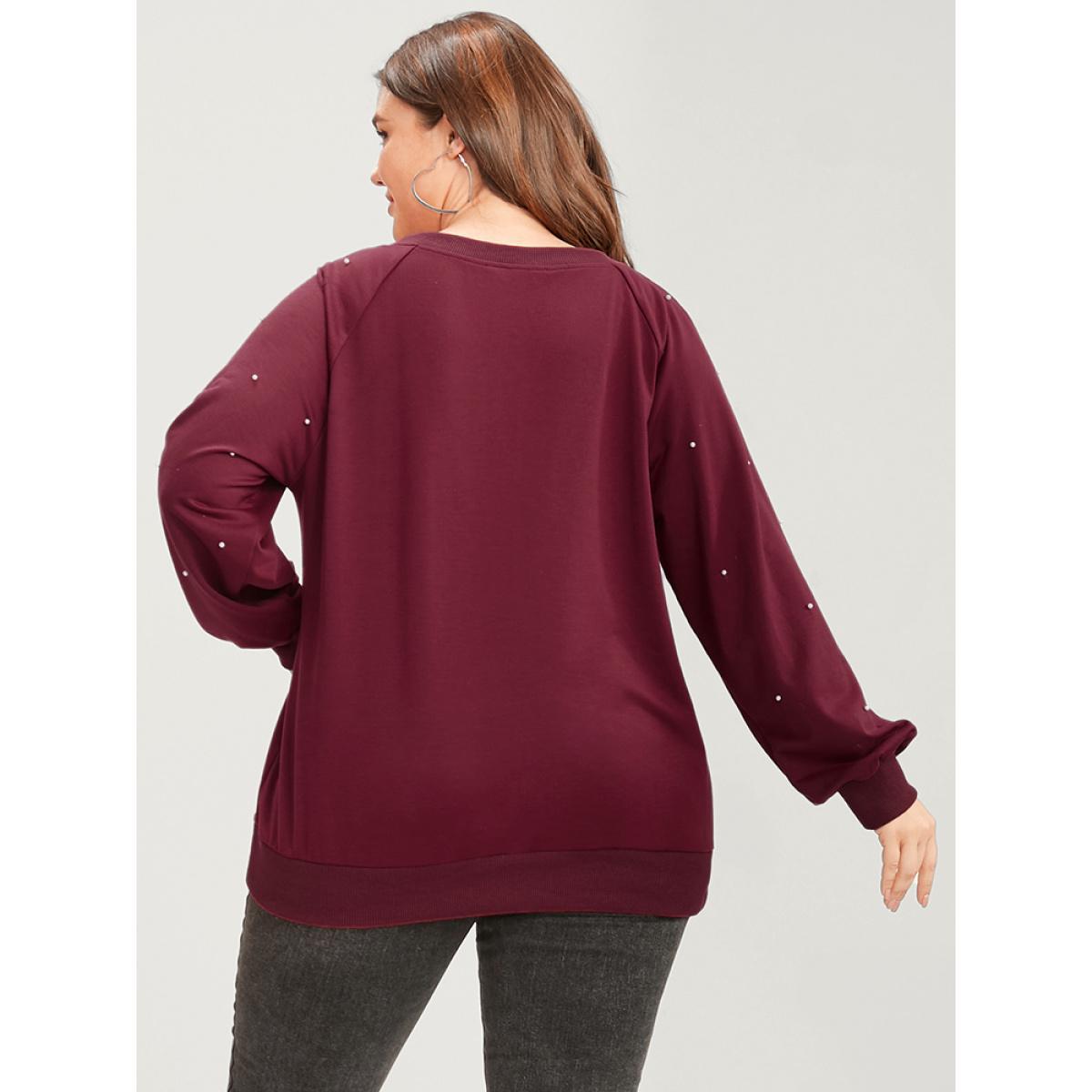 Plus Size Solid Pearls Beaded Raglan Sleeve Drop Shoulder Sweatshirt Women Scarlet Elegant Beaded Round Neck Dailywear Sweatshirts BloomChic 14-16/1X Product Image
