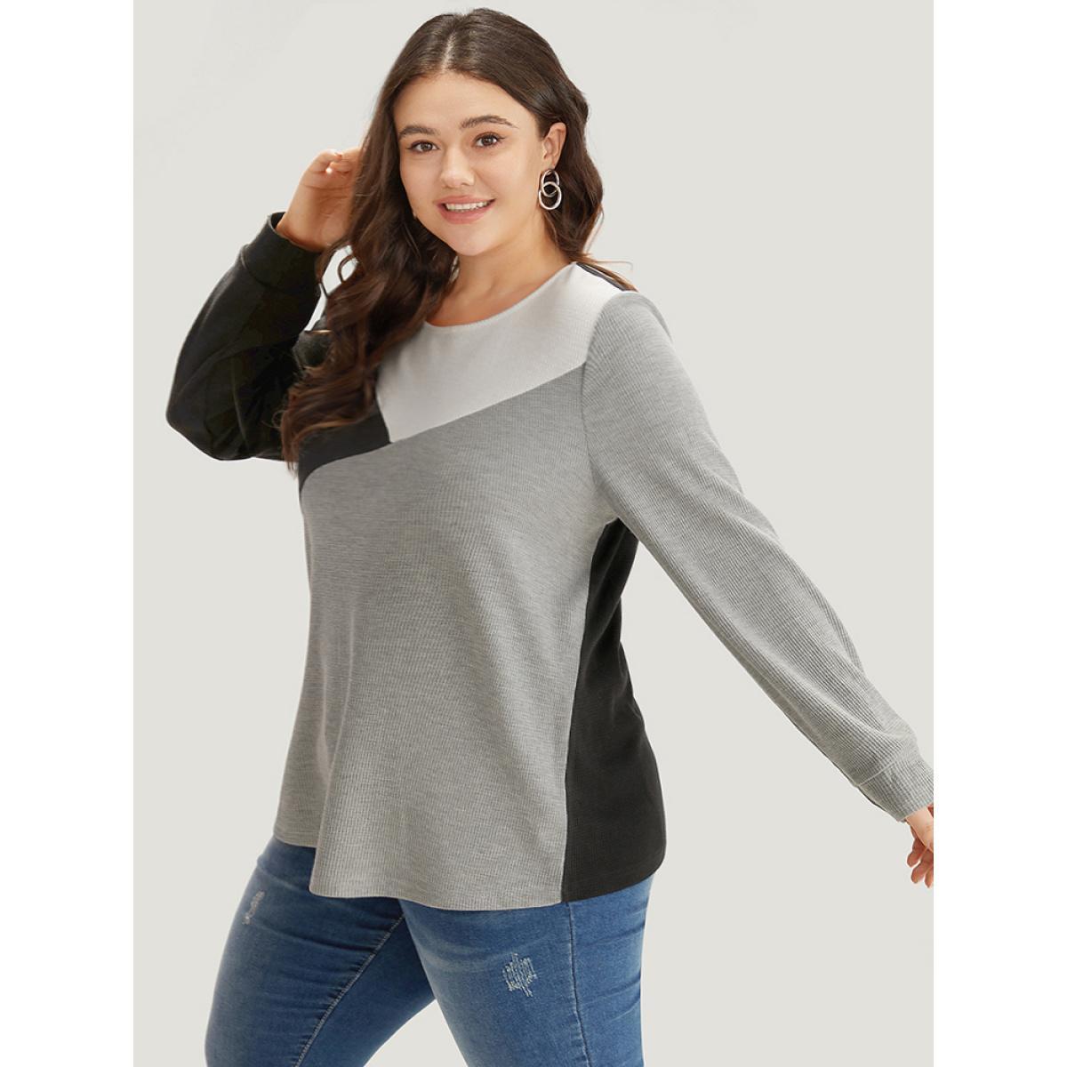 Plus Size Colorblock Contrast Crew Neck Long Sleeve T-shirt Multicolor Women Casual Elastic cuffs Plain Round Neck Dailywear T-shirts BloomChic 14-16/1X Product Image