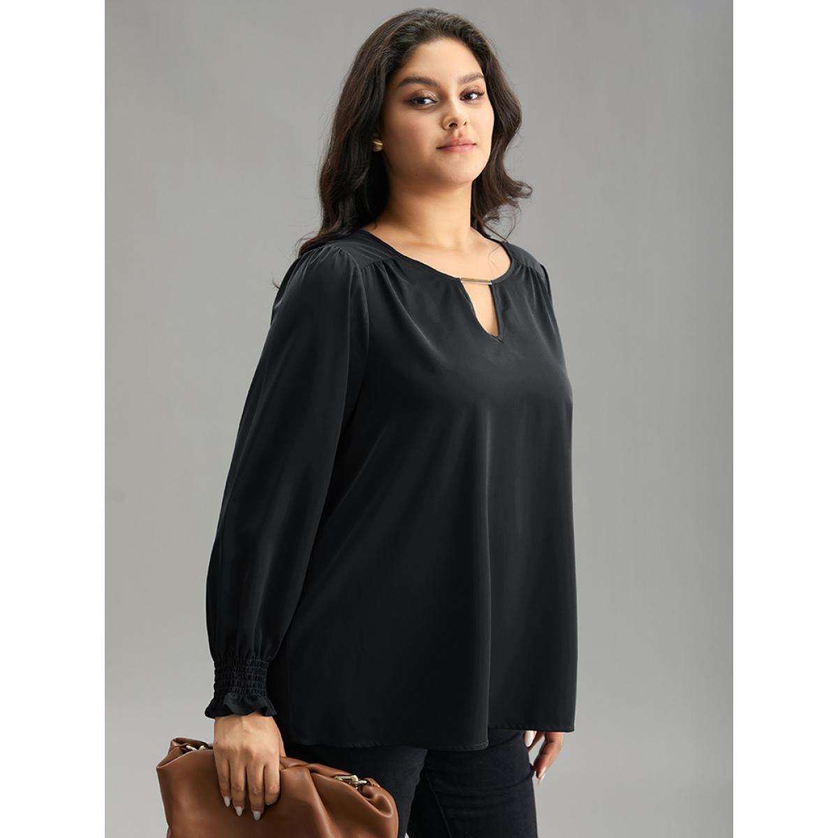 Plus Size Black Static-Free Plain Metal Detail Keyhole Shirred Blouse Women Office Long Sleeve Keyhole Cut-Out Work Blouses BloomChic 30/6X Product Image