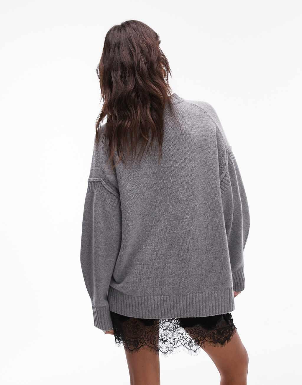 Topshop premium contrast seam wool blend oversized sweater in gray Product Image