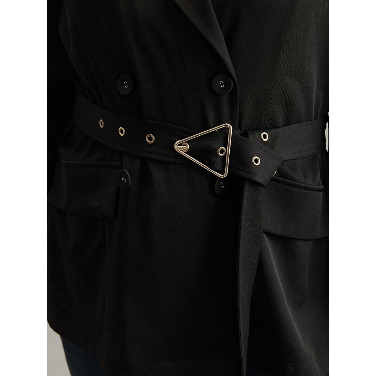 Plus Size Solid Suit Collar Buckle Detail Belted Blazer Black Women Work Plain Plain Sleeve Long Sleeve Suit Collar 26/4X Belt At the Office Blazers BloomChic Product Image