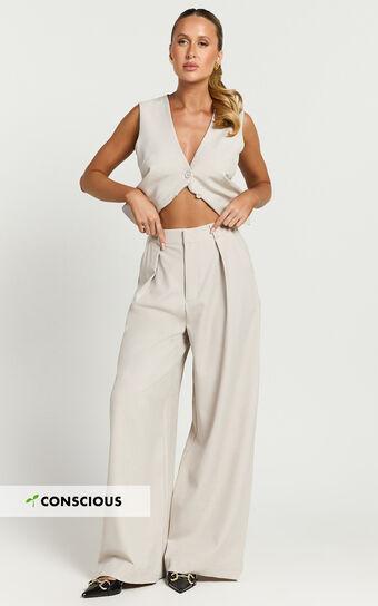 Melinda Pants - Recycled Tailored High Waisted Pleated Wide Leg Pants in Stone Product Image