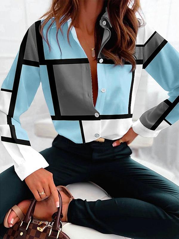 Long Sleeves Loose Buttoned Contrast Color Plaid Lapel Blouses&Shirts Tops Product Image