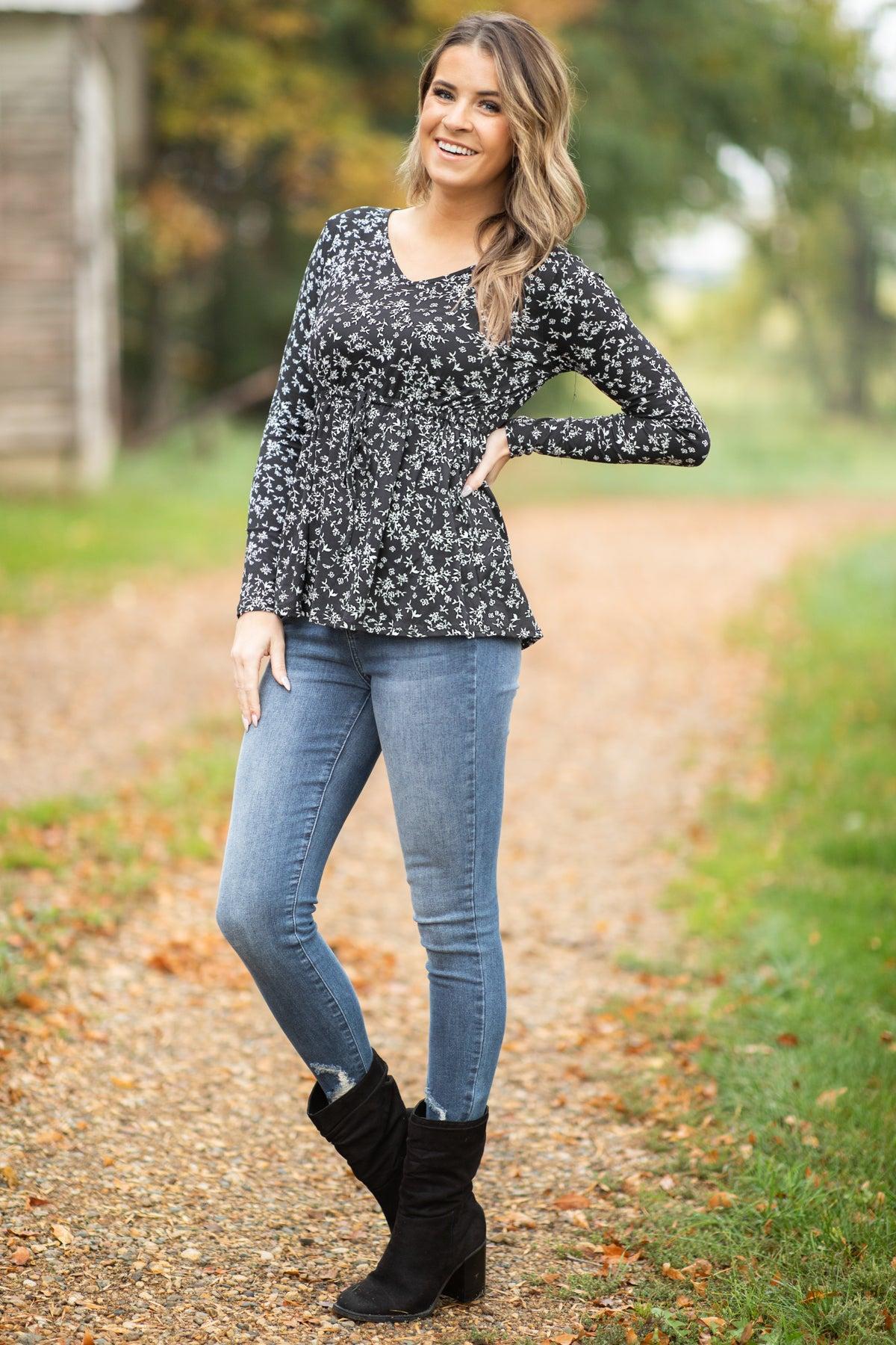Black and White Tie Waist Floral Print Top Product Image