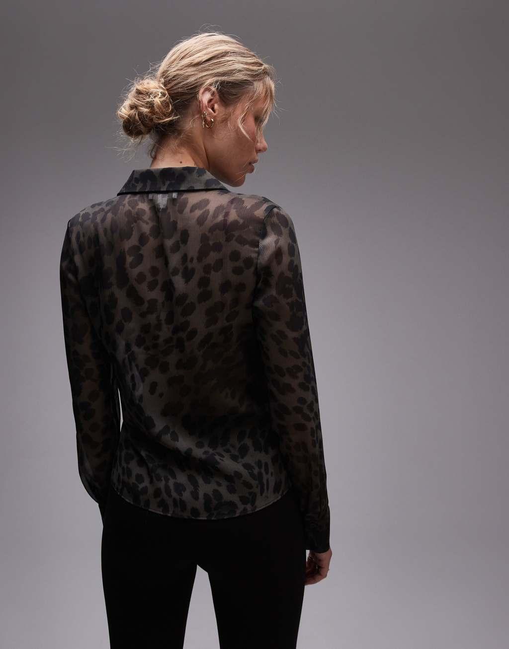 Topshop sheer georgette shirt in leopard Product Image