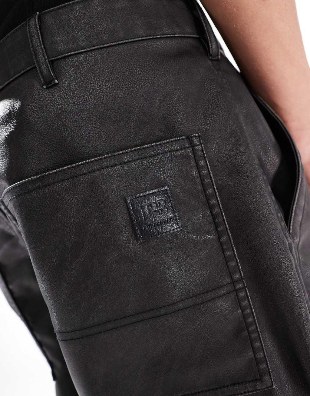 Pull&Bear wide leg faux leather pants in black Product Image